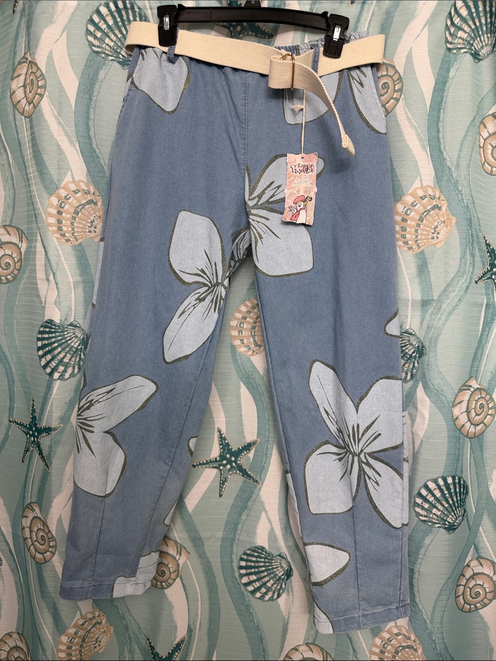 Light Blue Floral Boyfriend Jeans with Cream Belt